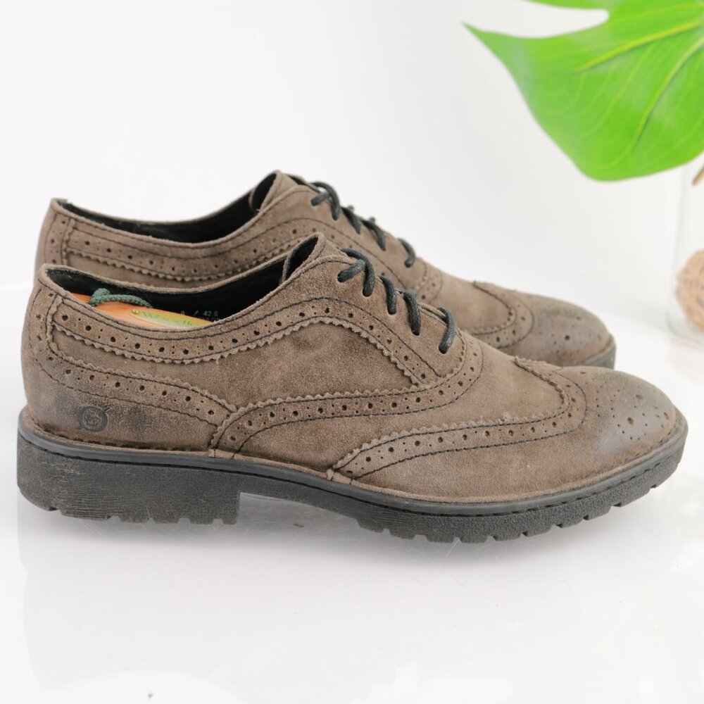 Born Mens Oxford Size 9 Brown Suede Wingtip Brogue Lug Sole Dress Shoe